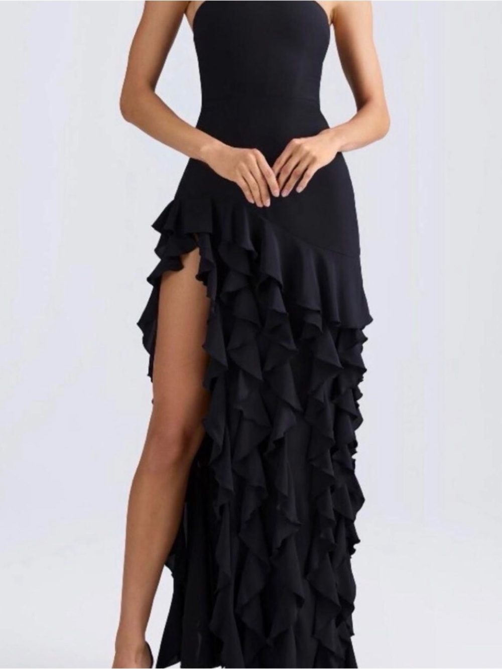 Elegant Black Ruffle Maxi Dress with High Slit